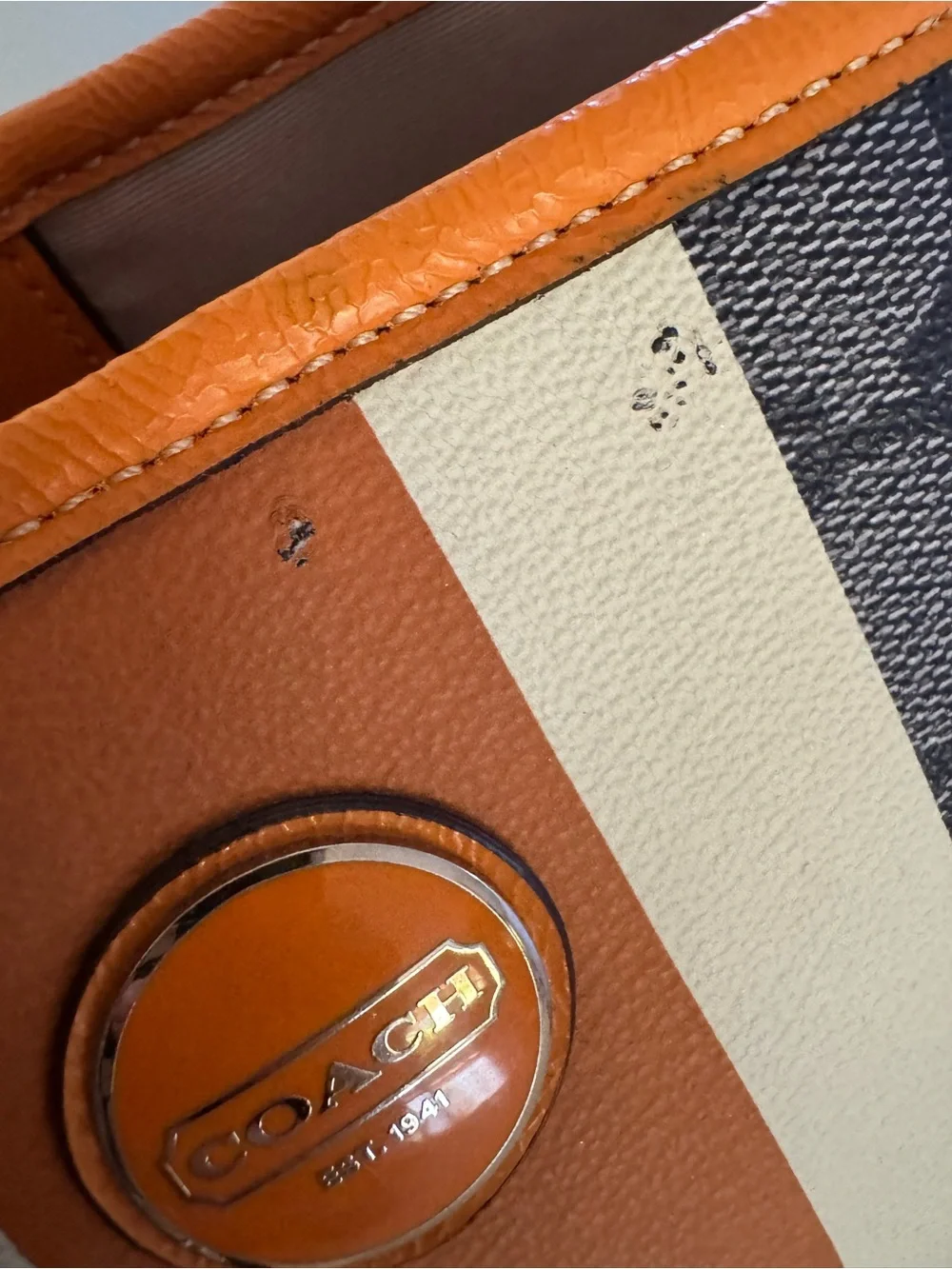 Coach Navy Signature Tote with Orange and Cream Center Stripe and Tan Handles